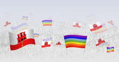 People waving Peace flags and flags of Gibraltar. Illustration of throng celebrating or protesting with flag of Gibraltar and the peace flag. vector