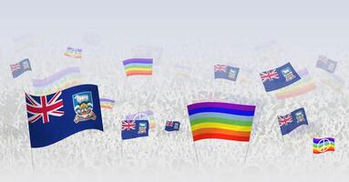 People waving Peace flags and flags of Falkland Islands. Illustration of throng celebrating or protesting with flag of Falkland Islands and the peace flag. vector