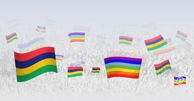 People waving Peace flags and flags of Mauritius. Illustration of throng celebrating or protesting with flag of Mauritius and the peace flag. vector