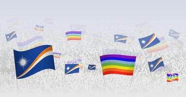 People waving Peace flags and flags of Marshall Islands. Illustration of throng celebrating or protesting with flag of Marshall Islands and the peace flag. vector