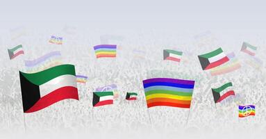 People waving Peace flags and flags of Kuwait. Illustration of throng celebrating or protesting with flag of Kuwait and the peace flag. vector