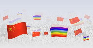 People waving Peace flags and flags of China. Illustration of throng celebrating or protesting with flag of China and the peace flag. vector