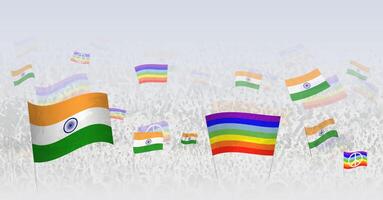 People waving Peace flags and flags of India. Illustration of throng celebrating or protesting with flag of India and the peace flag. vector