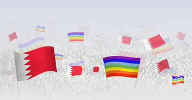 People waving Peace flags and flags of Bahrain. Illustration of throng celebrating or protesting with flag of Bahrain and the peace flag. vector