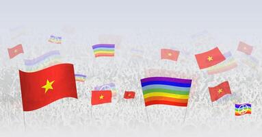 People waving Peace flags and flags of Vietnam. Illustration of throng celebrating or protesting with flag of Vietnam and the peace flag. vector