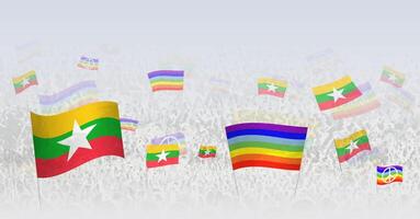 People waving Peace flags and flags of Myanmar. Illustration of throng celebrating or protesting with flag of Myanmar and the peace flag. vector