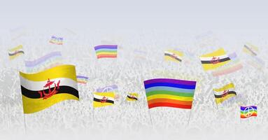 People waving Peace flags and flags of Brunei. Illustration of throng celebrating or protesting with flag of Brunei and the peace flag. vector