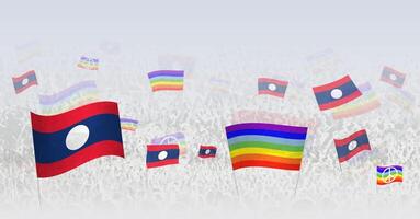 People waving Peace flags and flags of Laos. Illustration of throng celebrating or protesting with flag of Laos and the peace flag. vector