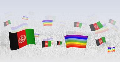 People waving Peace flags and flags of Afghanistan. Illustration of throng celebrating or protesting with flag of Afghanistan and the peace flag. vector