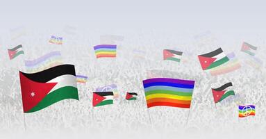 People waving Peace flags and flags of Jordan. Illustration of throng celebrating or protesting with flag of Jordan and the peace flag. vector