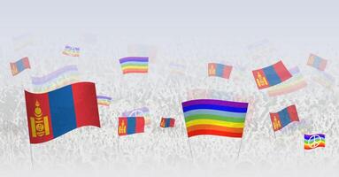 People waving Peace flags and flags of Mongolia. Illustration of throng celebrating or protesting with flag of Mongolia and the peace flag. vector