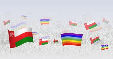 People waving Peace flags and flags of Oman. Illustration of throng celebrating or protesting with flag of Oman and the peace flag. vector