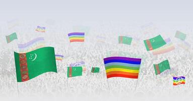 People waving Peace flags and flags of Turkmenistan. Illustration of throng celebrating or protesting with flag of Turkmenistan and the peace flag. vector