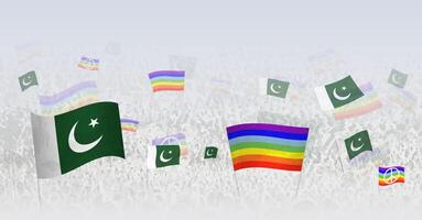 People waving Peace flags and flags of Pakistan. Illustration of throng celebrating or protesting with flag of Pakistan and the peace flag. vector