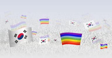 People waving Peace flags and flags of South Korea. Illustration of throng celebrating or protesting with flag of South Korea and the peace flag. vector