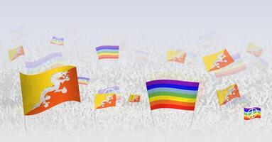 People waving Peace flags and flags of Bhutan. Illustration of throng celebrating or protesting with flag of Bhutan and the peace flag. vector