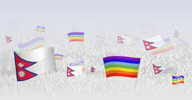 People waving Peace flags and flags of Nepal. Illustration of throng celebrating or protesting with flag of Nepal and the peace flag. vector