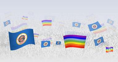 People waving Peace flags and flags of Minnesota. Illustration of throng celebrating or protesting with flag of Minnesota and the peace flag. vector