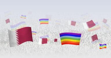 People waving Peace flags and flags of Qatar. Illustration of throng celebrating or protesting with flag of Qatar and the peace flag. vector