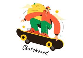 Skateboard Illustration with Skateboarders Jumping on a Springboard in a Skatepark in Extreme Sports on Flat Style Cartoon Background vector