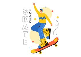 Skateboard Illustration with Skateboarders Jumping on a Springboard in a Skatepark in Extreme Sports on Flat Style Cartoon Background vector