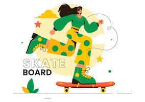 Skateboard Illustration with Skateboarders Jumping on a Springboard in a Skatepark in Extreme Sports on Flat Style Cartoon Background vector