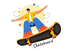 Skateboard Illustration with Skateboarders Jumping on a Springboard in a Skatepark in Extreme Sports on Flat Style Cartoon Background vector