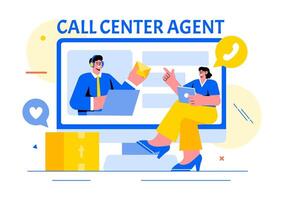 Call Center Agent Illustration of Customer Service or Hotline Operator with Headsets or Computers in a Flat Style Cartoon Background vector