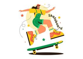 Skateboard Illustration with Skateboarders Jumping on a Springboard in a Skatepark in Extreme Sports on Flat Style Cartoon Background vector