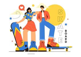 Skateboard Illustration with Skateboarders Jumping on a Springboard in a Skatepark in Extreme Sports on Flat Style Cartoon Background vector