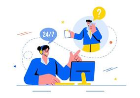 Call Center Agent Illustration of Customer Service or Hotline Operator with Headsets or Computers in a Flat Style Cartoon Background vector