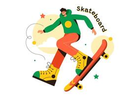 Skateboard Illustration with Skateboarders Jumping on a Springboard in a Skatepark in Extreme Sports on Flat Style Cartoon Background vector