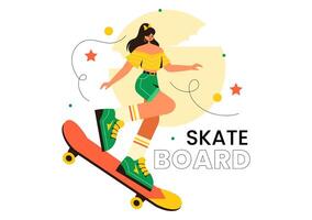 Skateboard Illustration with Skateboarders Jumping on a Springboard in a Skatepark in Extreme Sports on Flat Style Cartoon Background vector