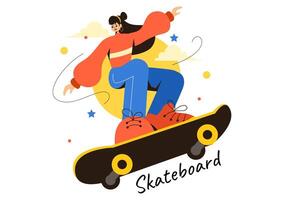 Skateboard Illustration with Skateboarders Jumping on a Springboard in a Skatepark in Extreme Sports on Flat Style Cartoon Background vector