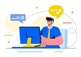 Call Center Agent Illustration of Customer Service or Hotline Operator with Headsets or Computers in a Flat Style Cartoon Background vector