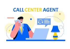 Call Center Agent Illustration of Customer Service or Hotline Operator with Headsets or Computers in a Flat Style Cartoon Background vector