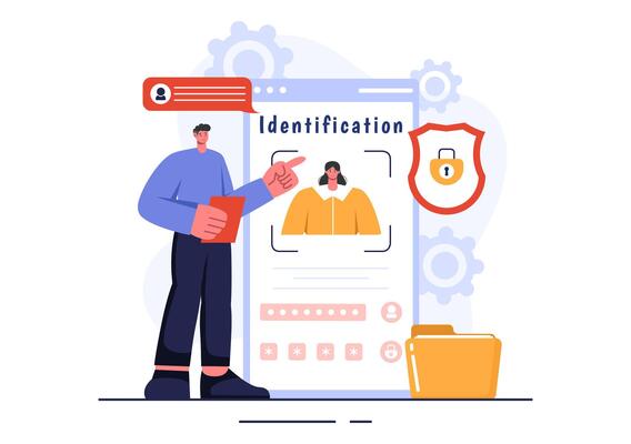 Identification Illustration of an Identity Card with Photo, Document, and Information in a Face ID System on a Flat Style Cartoon Background