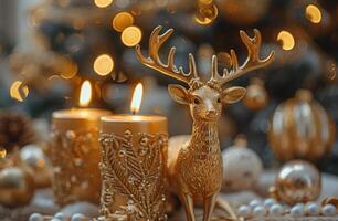 Golden Deer and Candles With Holiday Lights photo