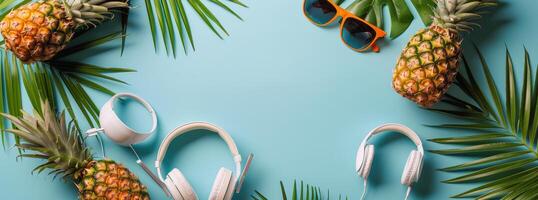Tropical Summer Flat Lay With Pineapples, Palm Leaves, Headphones, and Sunglasses photo