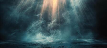 A Single Beam of Light Pierces Through Dark Clouds Over a Misty Surface photo