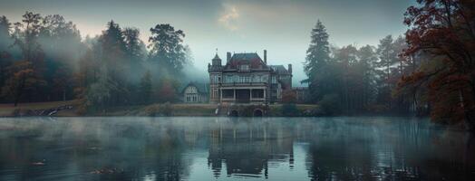 A Picturesque Chateau on a Misty Lake in the Forest photo