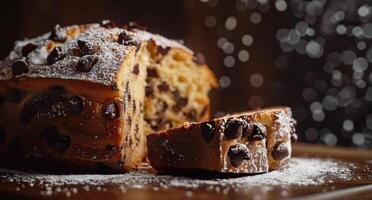 Chocolate Chip Bread Loaf With Powdered Sugar Sprinkles on Wooden Table photo