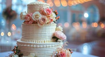 Four-Tier Wedding Cake Decorated With Pink and White Flowers at an Evening Reception photo