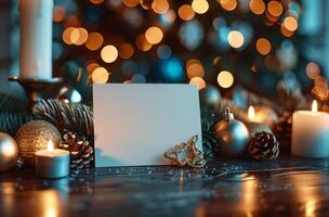 Blank Card With Christmas Ornaments and Lights on a Table photo