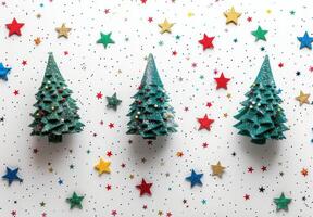 Small Green Christmas Trees and Colorful Stars on White Background photo