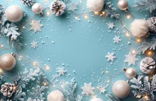 White Christmas Ornaments and Pine Cones on Blue Background photo