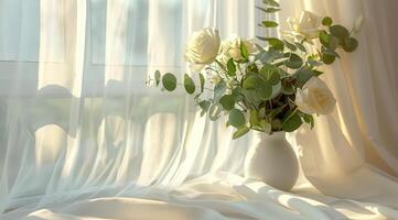 White Roses in a Ceramic Vase Near a Window photo