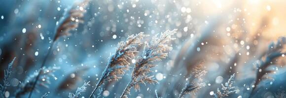 Frosty Winter Grass Blades Swaying In The Wind During A Snowfall photo