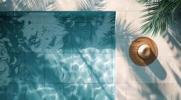 Overhead View of Tiled Swimming Pool With Palm Tree Shadows and Sun Hat photo
