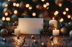 Blank Card Surrounded by Christmas Decor on Wooden Table photo